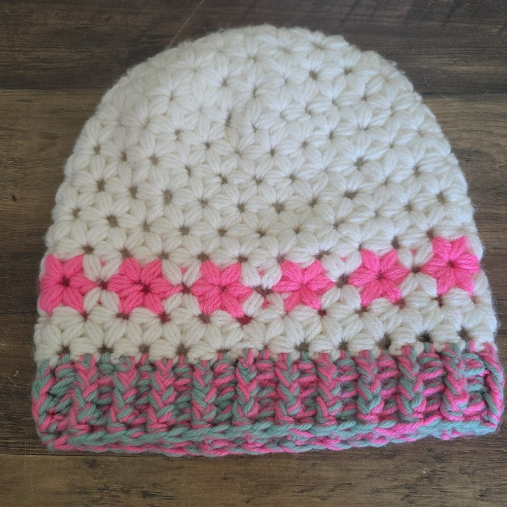 Handmade Knit Crochet Beanie Hat Women Pink White Gray Winter Flower 10" x 10"